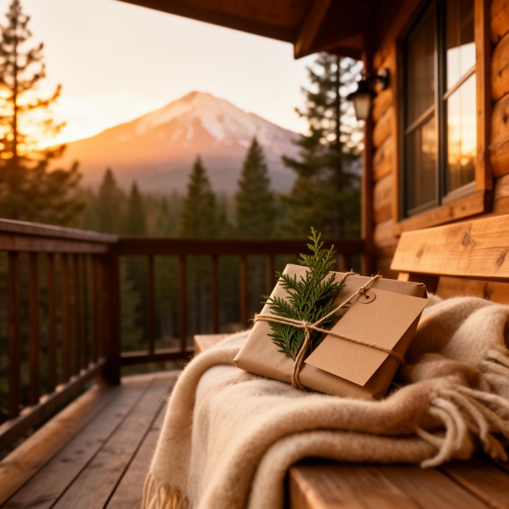 A wrapped gift with cedar sprig resting on a wool blanket on a cabin porch at golden hour, Mount Shasta glowing in the distance