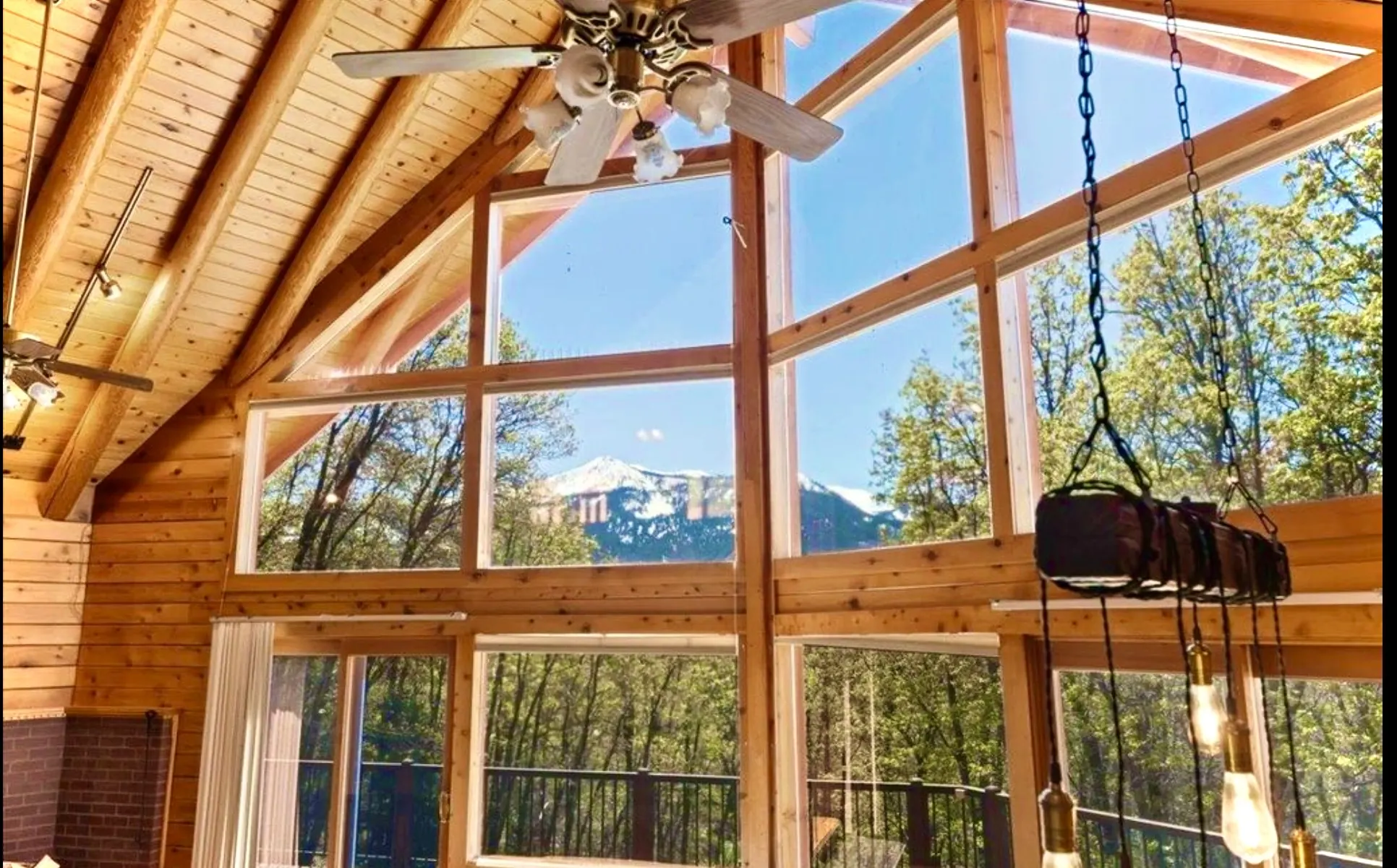 The Eddies seen through the cabin's cathedral windows