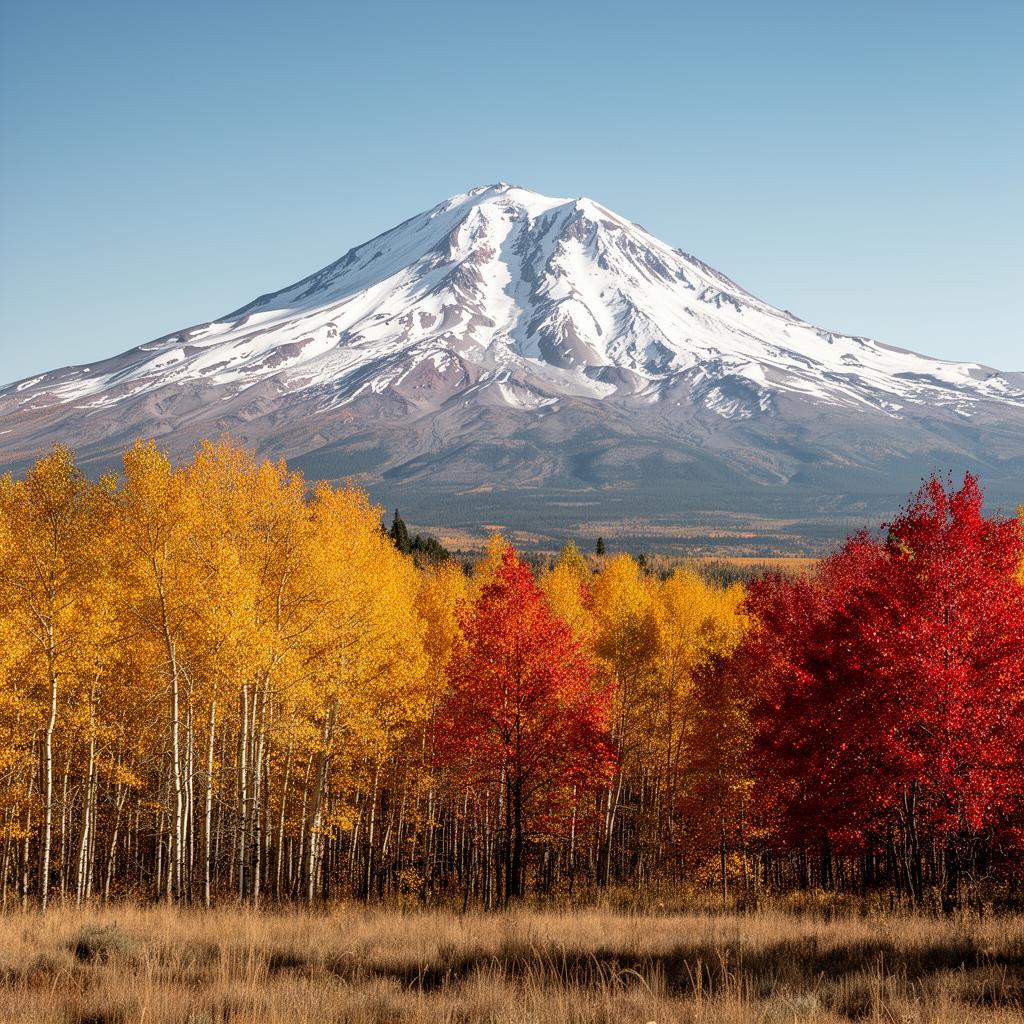 Mount Shasta framed by golden autumn aspen trees