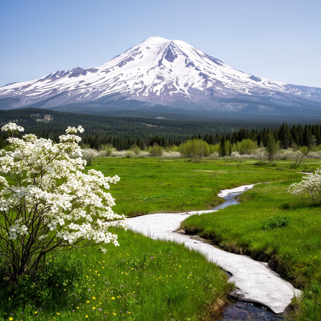 Mount Shasta in spring with green meadows and dogwood blossoms