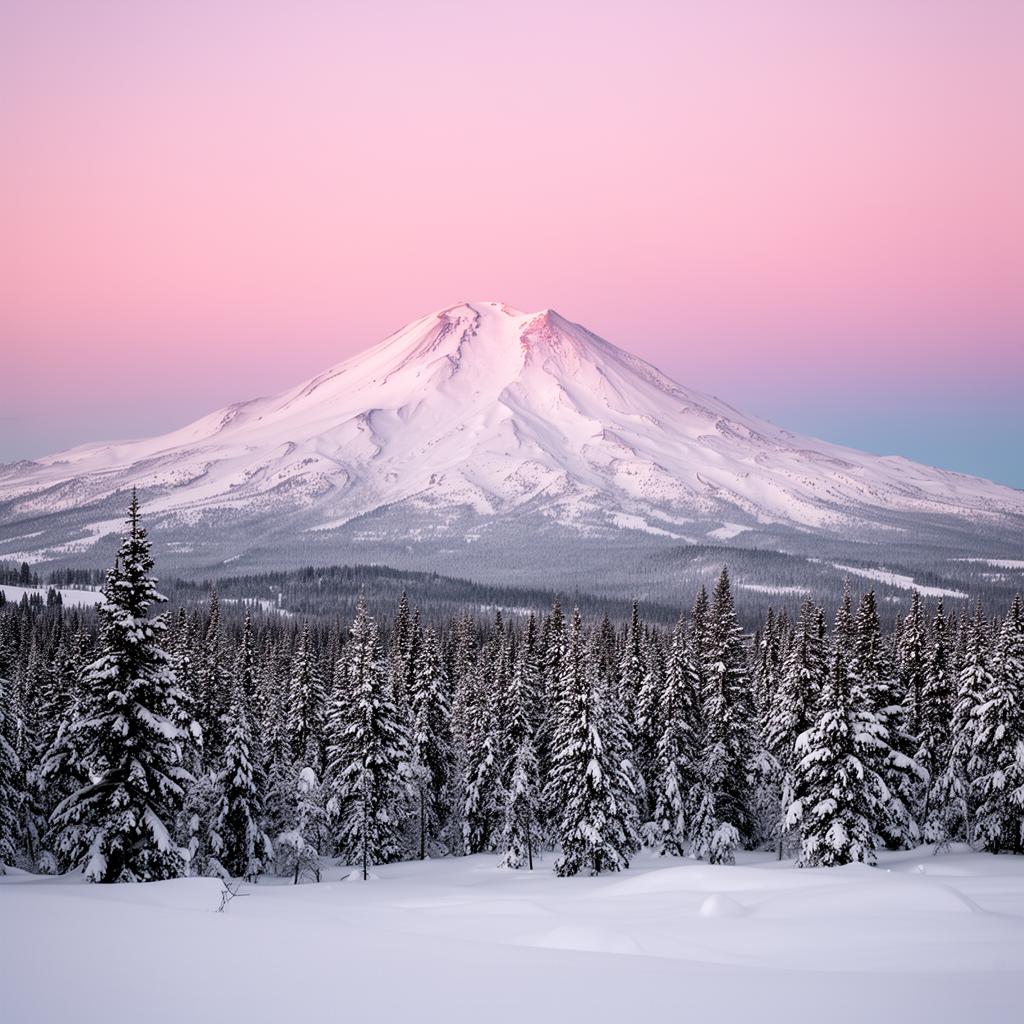 Snow-covered Mount Shasta wreathed in clouds above snowy pines
